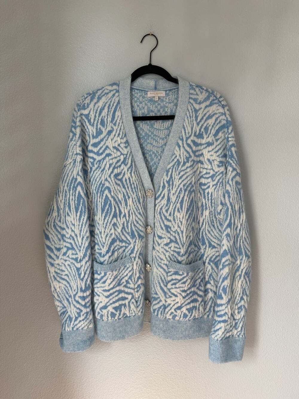 Ramy Brook Jelena Zebra Wool-Blend Cardigan Size S Blue White